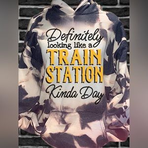 Bleached hoodie, with train station design on front, DTF